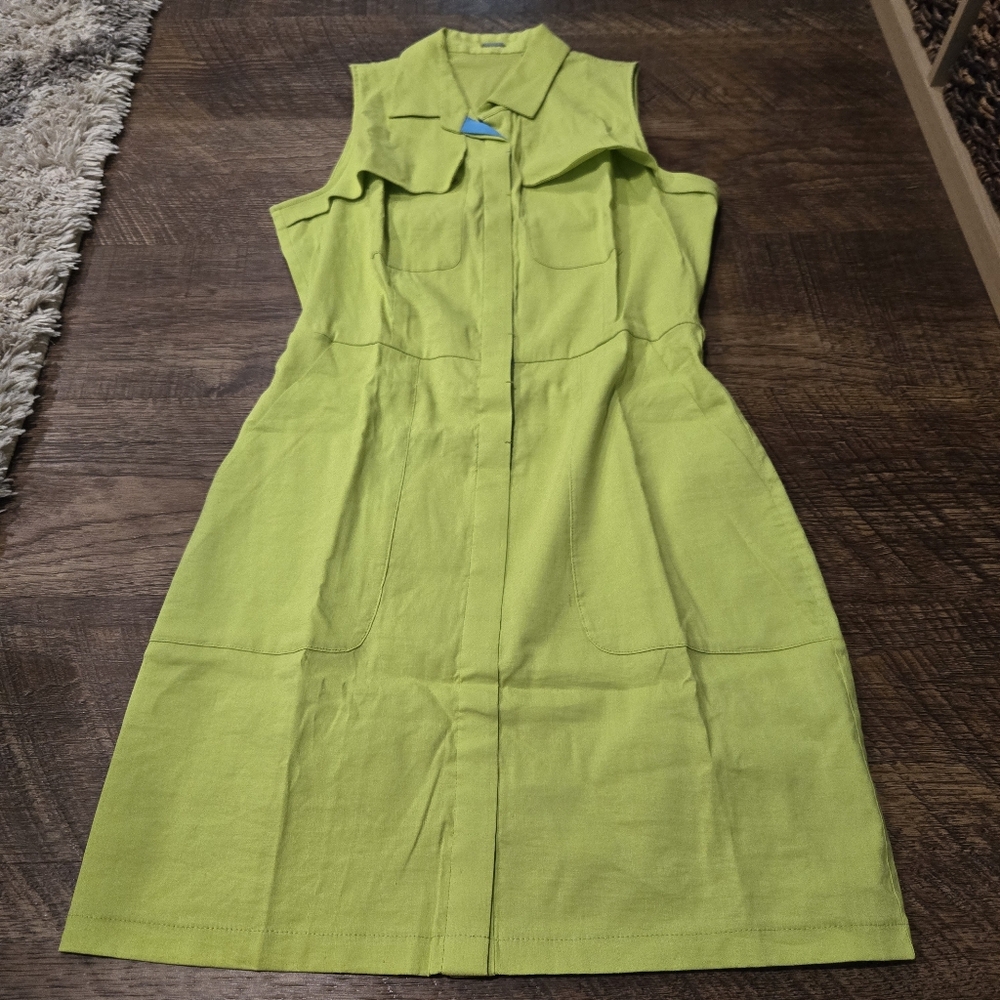 Elie Tahari Gianna Shirt Dress Chartreuse Neon Green Linen Preppy Pockets Casual - Picture 2 of 13